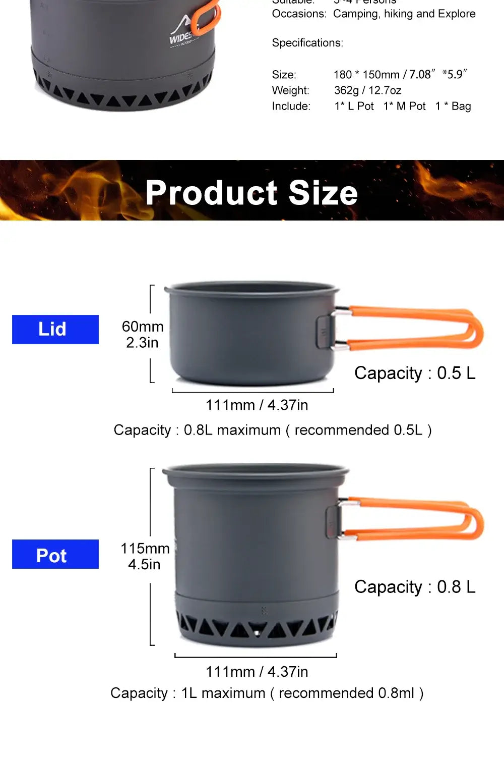 Widesea Camping 1.3L 2.3L Cookware Outdoor Cooking Set Heat Cooker Travel Tableware Pot Kettle Tourist Kitchen Utensil Equipment