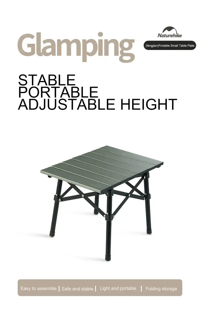 Naturehike adjustable height portable folding table for glamping, featuring a stable design and easy assembly for outdoor use.