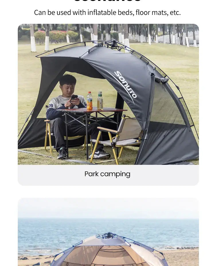 man relaxing in a one-touch camping tent at the park with drinks and chairs, showcasing family travel convenience.