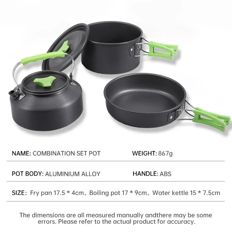 camping cookware set including kettle and frying pan made of aluminum alloy, lightweight and portable for outdoor cooking.