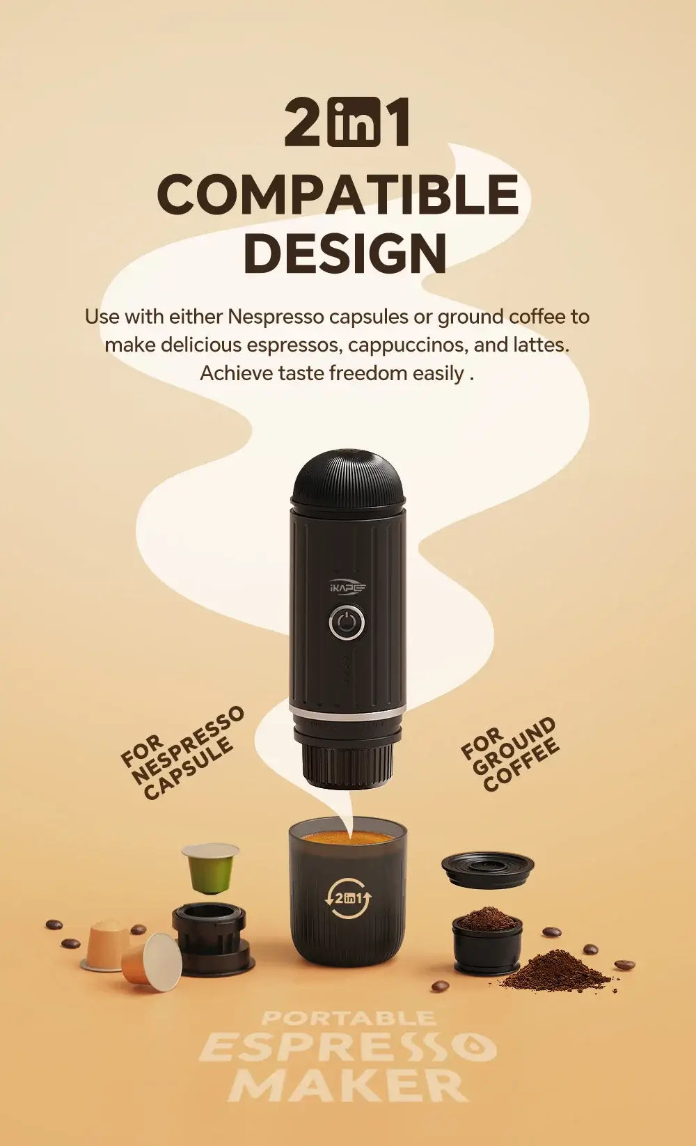 IKAPE Portable Electric Coffee Maker, Espresso Machine Suitable Hot/Cold Woter and capsule/ground coffee, Hiking/Camping/Home