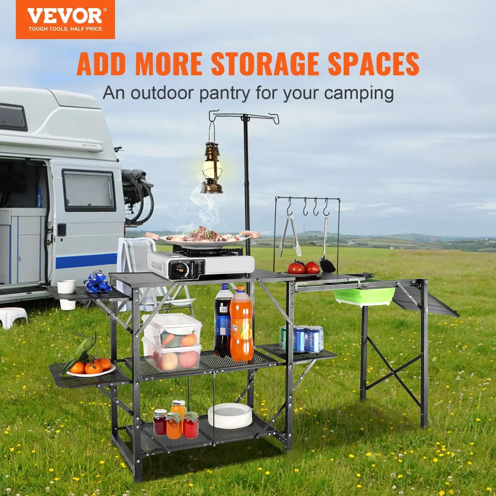 VEVOR Camping Kitchen Table with Sink, Aluminum Folding Portable Outdoor Cook Station, for Picnic BBQ Beach Traveling