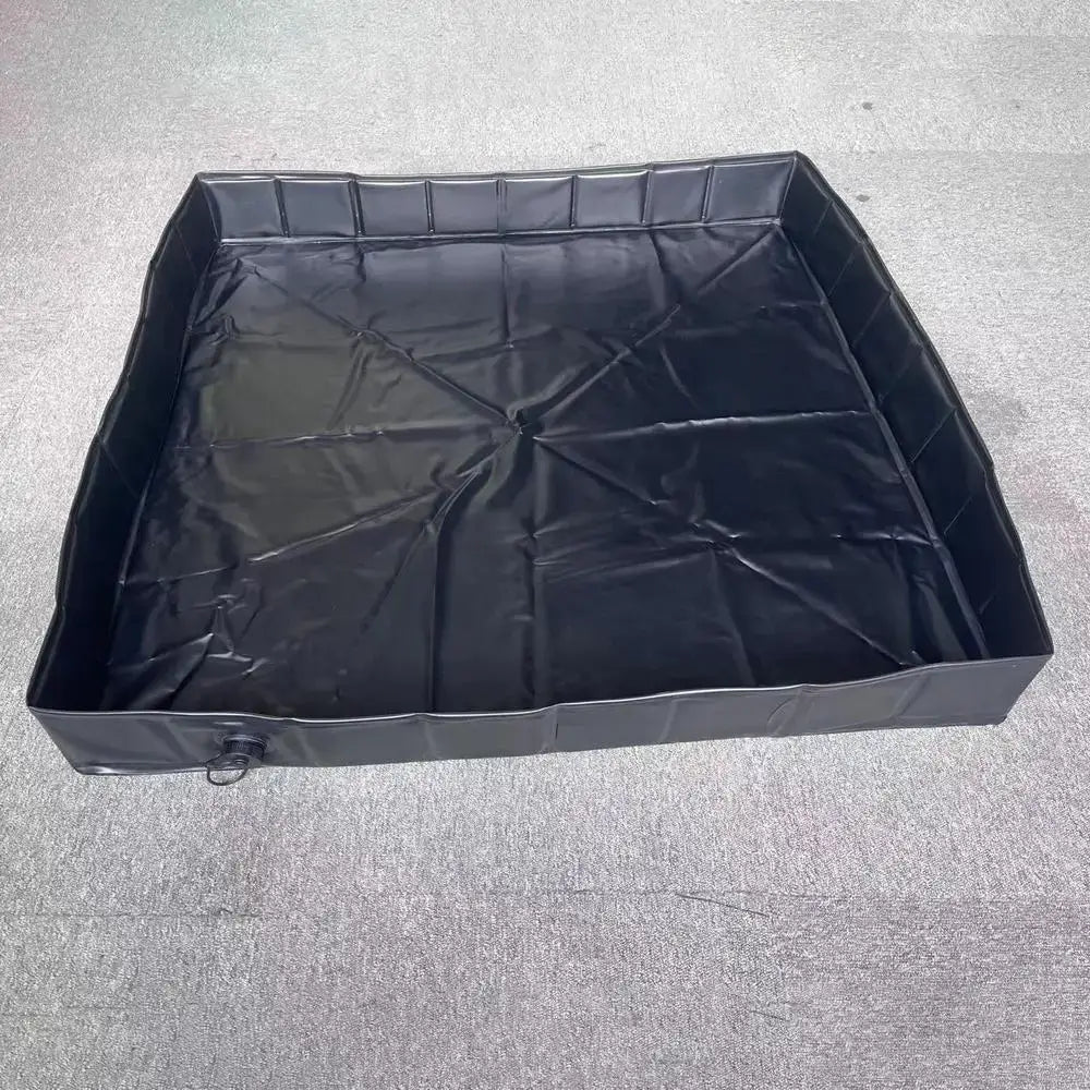 Portable black camping shower tray base for keeping feet clean, made of waterproof PVC, foldable design for easy storage.