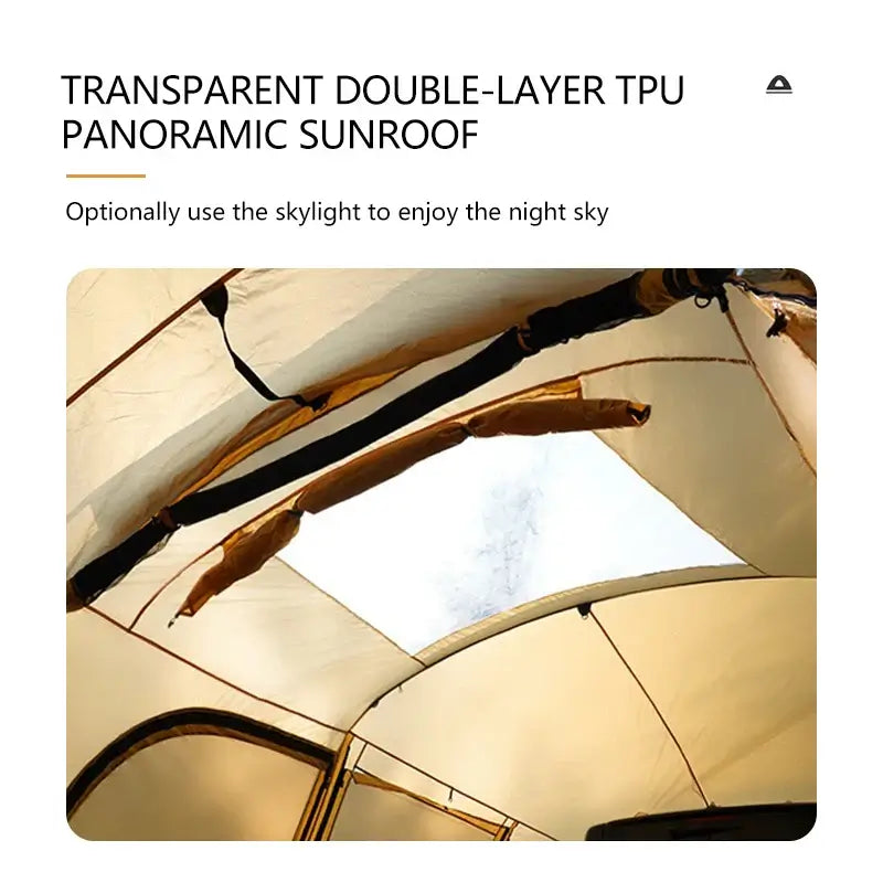 Transparent double-layer TPU panoramic sunroof for enhanced night sky viewing in the camping tent.