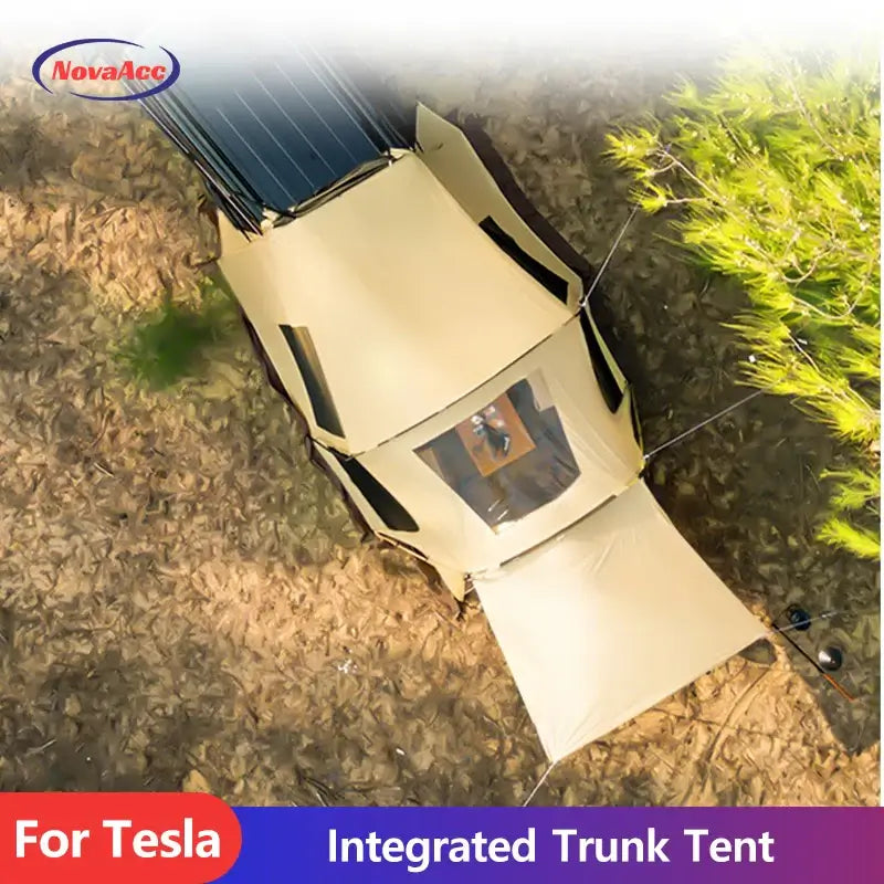 Trunk camping tent for Tesla Model Y X S 3, featuring panoramic skylight and waterproof design in a natural setting.