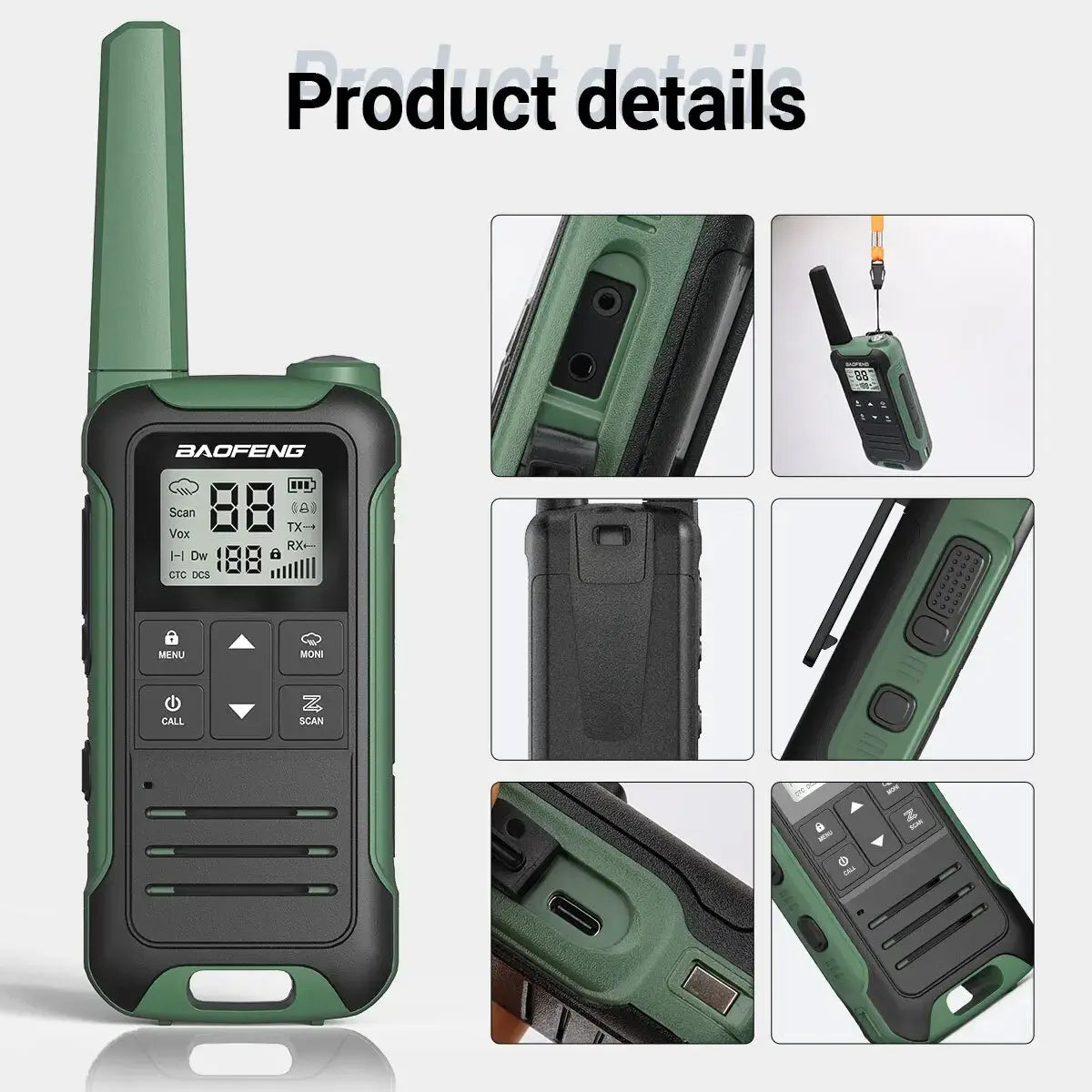 2pcs Walkie Talkie PMR FRS Long Range Rechargable Portable Kids Two Way Radio Type-C Charger for Camping Trip