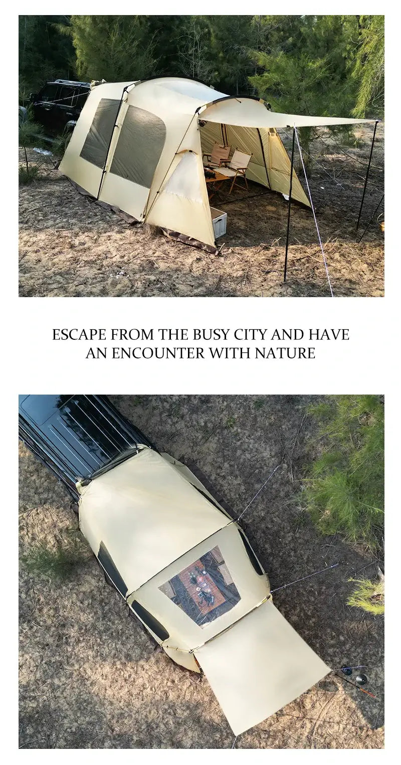 Spacious trunk camping tent set up for outdoor adventure, showcasing panoramic views and sheltering from the elements.