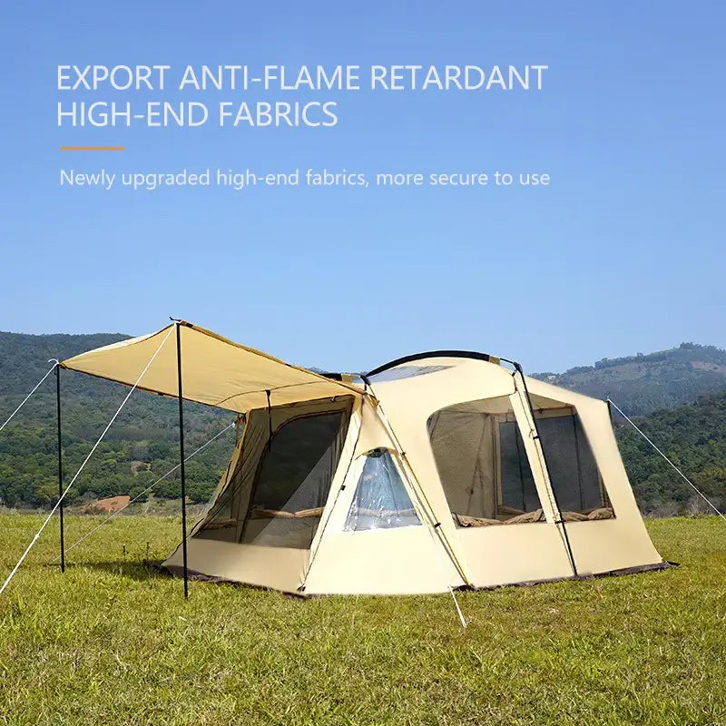 Spacious camping tent with anti-flame fabric, showcasing upgraded high-end materials in a scenic outdoor setting.