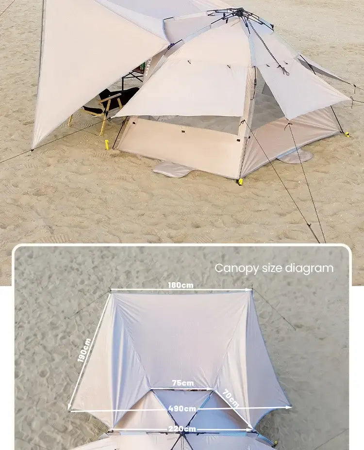 Outdoor one-touch camping tent setup with canopy size diagram on sandy beach for family travel and picnics.