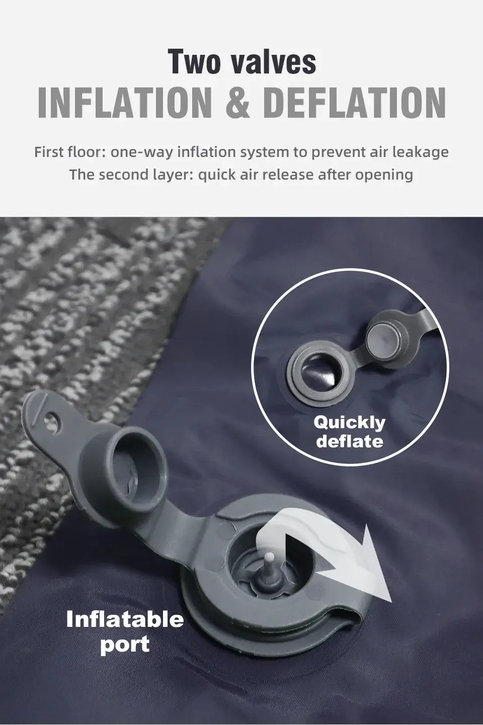 Close-up of the dual valve system for inflation and deflation on an inflatable mattress, ensuring quick air release and preventing leakage.