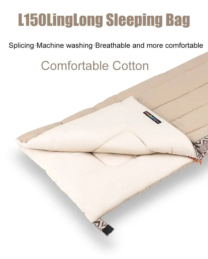 L150LingLong sleeping bag featuring comfortable cotton, splicing design, and machine washable for a breathable camping experience.
