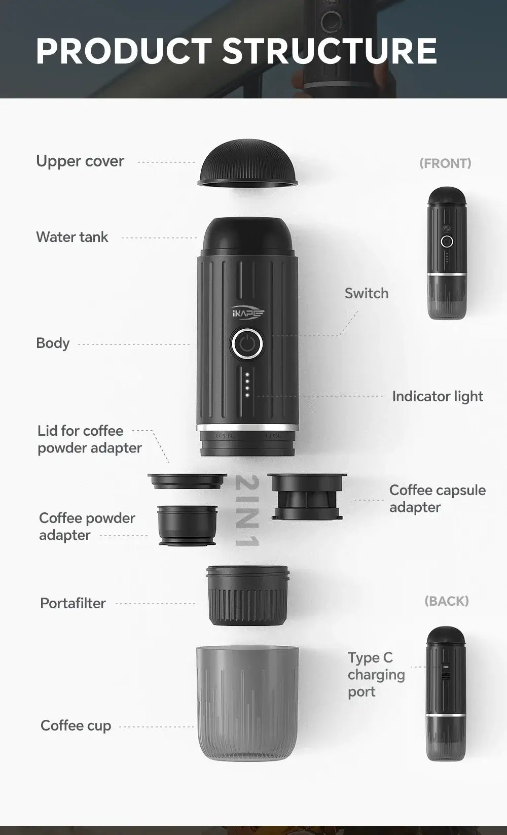 IKAPE Portable Electric Coffee Maker, Espresso Machine Suitable Hot/Cold Woter and capsule/ground coffee, Hiking/Camping/Home