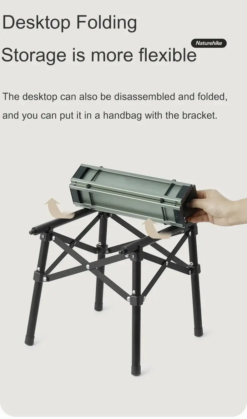 Naturehike folding table demonstrating flexible storage with a disassembled desktop for easy transport.