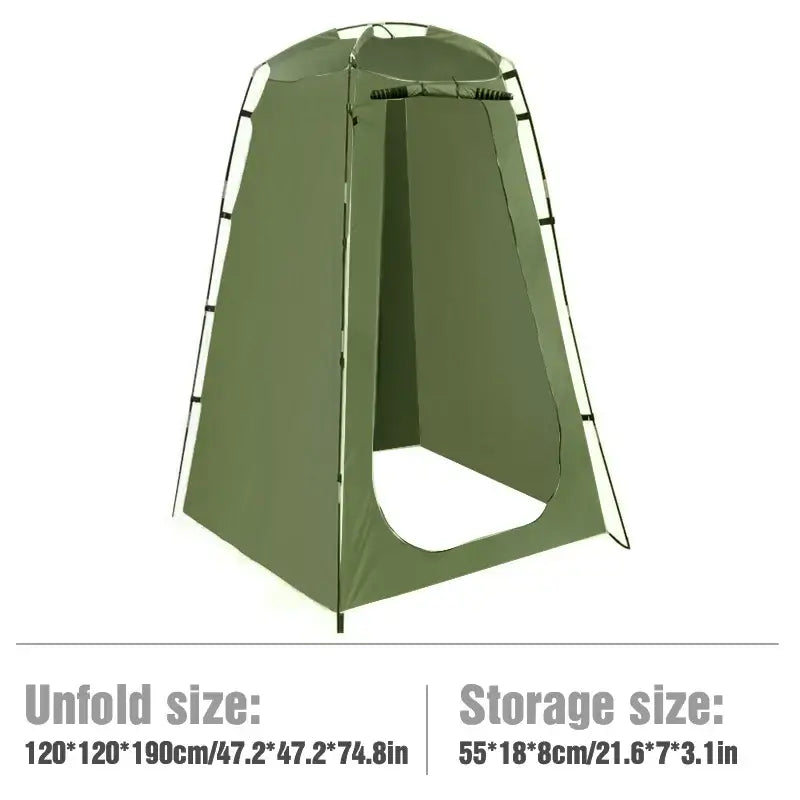 Portable waterproof privacy shower tent with unfold and storage size specifications for outdoor use.