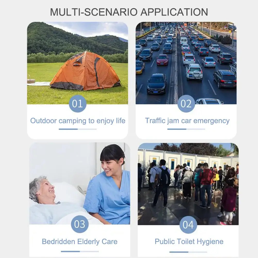 Multi-scenario application for camping, traffic emergencies, elderly care, and public toilet hygiene.