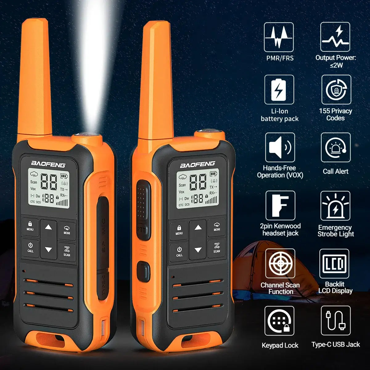 2pcs Walkie Talkie PMR FRS Long Range Rechargable Portable Kids Two Way Radio Type-C Charger for Camping Trip