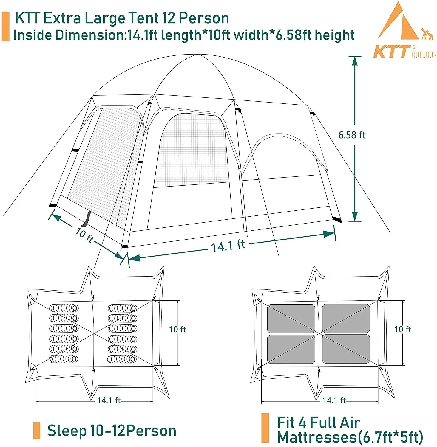 Family Camping Tent 2 Bedroom 1 Living Room for 4-8 Person