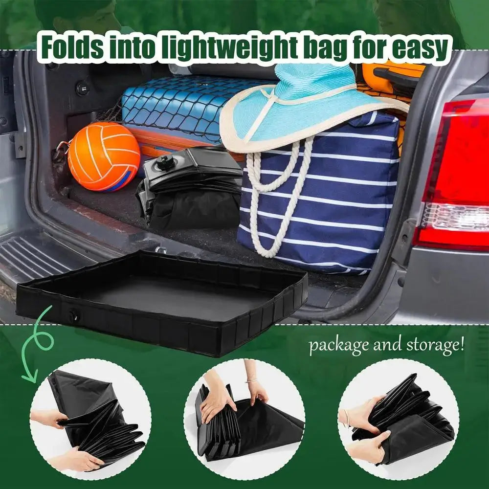 Foldable camping shower base stored conveniently in a car trunk, highlighting portability and ease of storage.