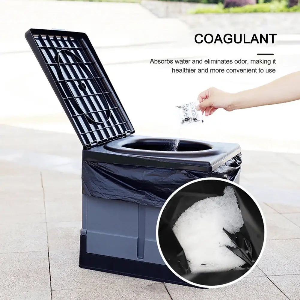 Camping toilet with coagulant powder being added, designed to absorb water and eliminate odor for convenience.