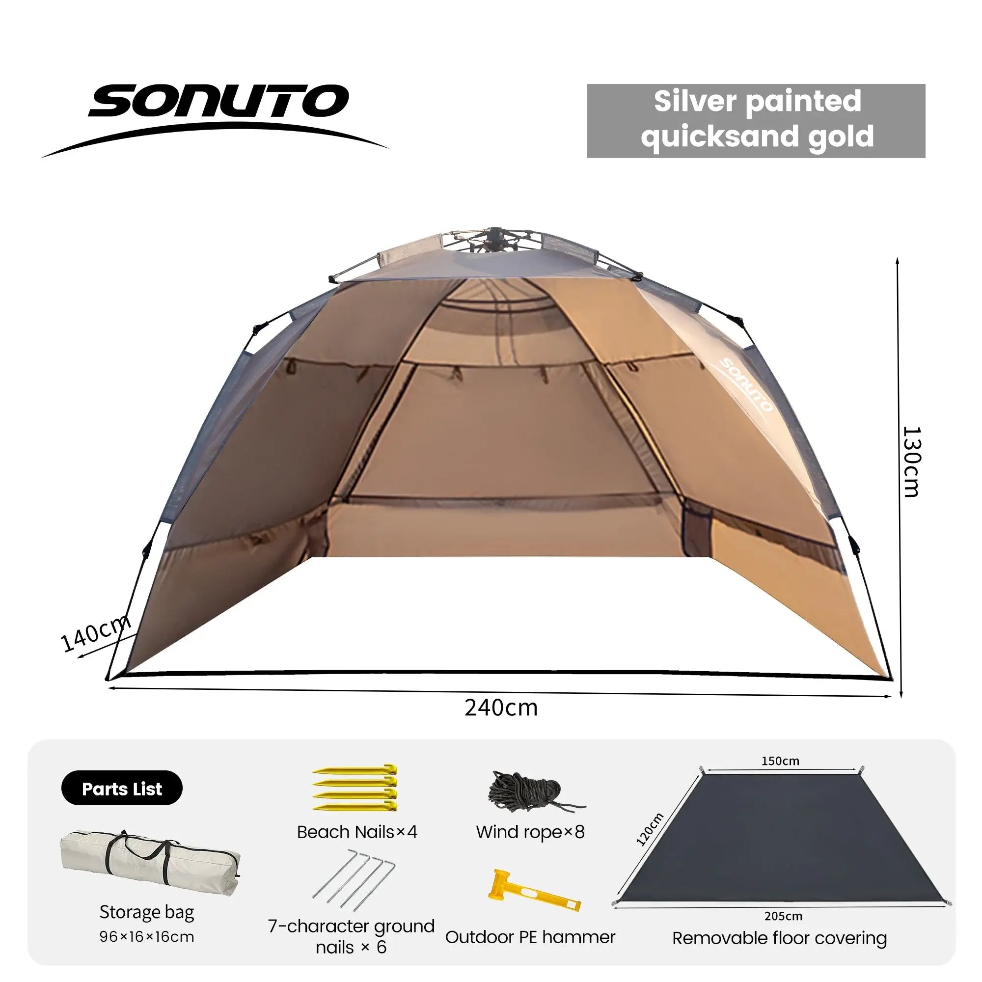 Outdoor 3-4P automatic camping tent in silver painted quicksand gold, dimensions 240x140x130cm, includes storage bag and accessories.