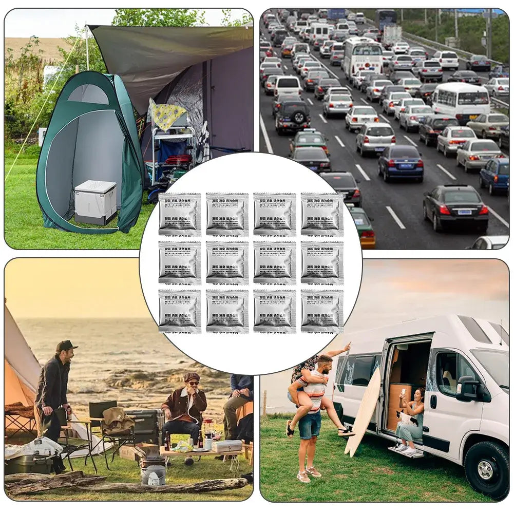 Collage of camping scenes featuring portable toilets, traffic congestion, and outdoor gatherings with eco-friendly poo powder packets.