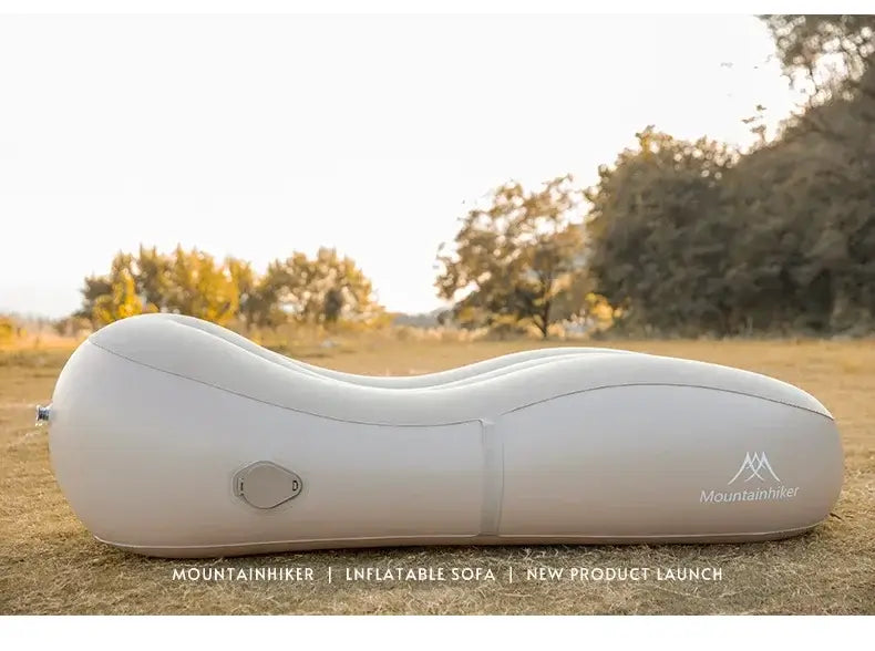 Fast inflatable air sofa bed by Mountainhiker in outdoor setting, new product launch for lazy camping comfort.