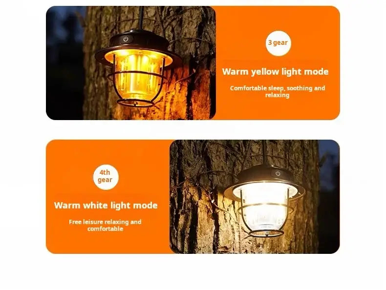 LED Camping Lamp Retro Hanging Lamp Portable Stepless Dimming Camping Light Waterproof Rechargeable Outdoor Light Lantern
