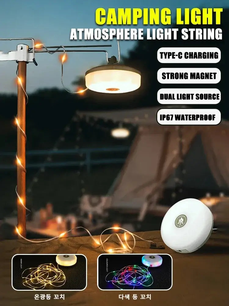 Multifunctional 4 in 1 Design Camping Light String USB Rechargeable Outdoor Tent Decor Light XTE LED Flashlight with Magnet Hook