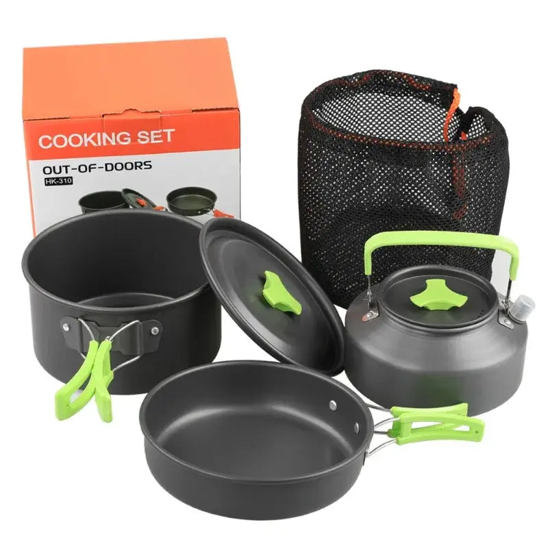 Portable camping cookware set for 2-3 people including pot, frying pan, kettle, and carrying bag. Perfect for outdoor cooking.
