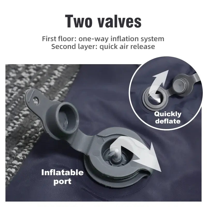 Close-up of inflatable mattress valves demonstrating one-way inflation and quick air release features for efficient use.