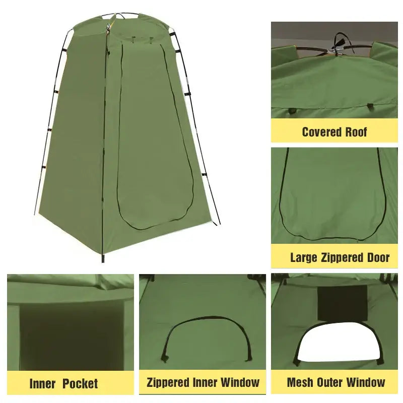 Portable privacy shower tent with a covered roof, zippered doors, and mesh windows for outdoor convenience.