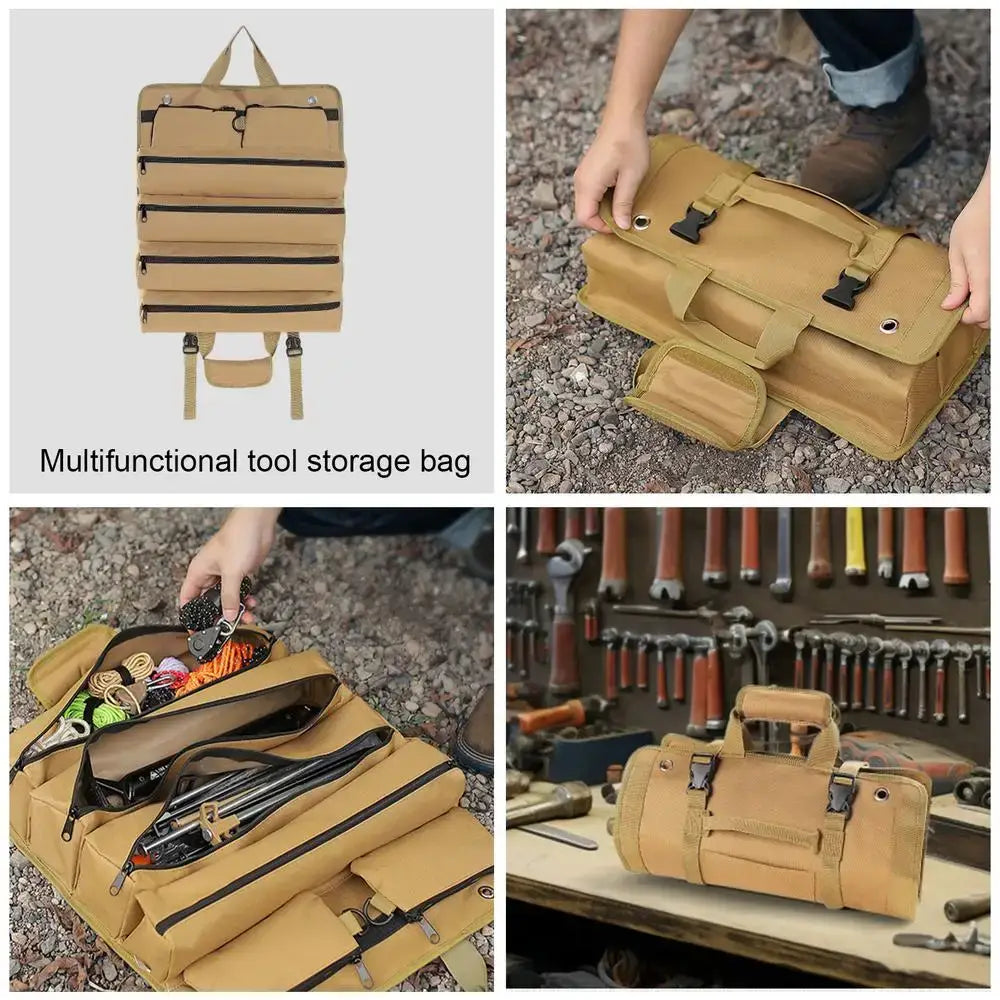 Roll Up Bag Multi Pockets Heavy Duty Canvas Tool Bag Waterproof Oxford Cloth Outdoor Camping Kitchenware Storage Bag