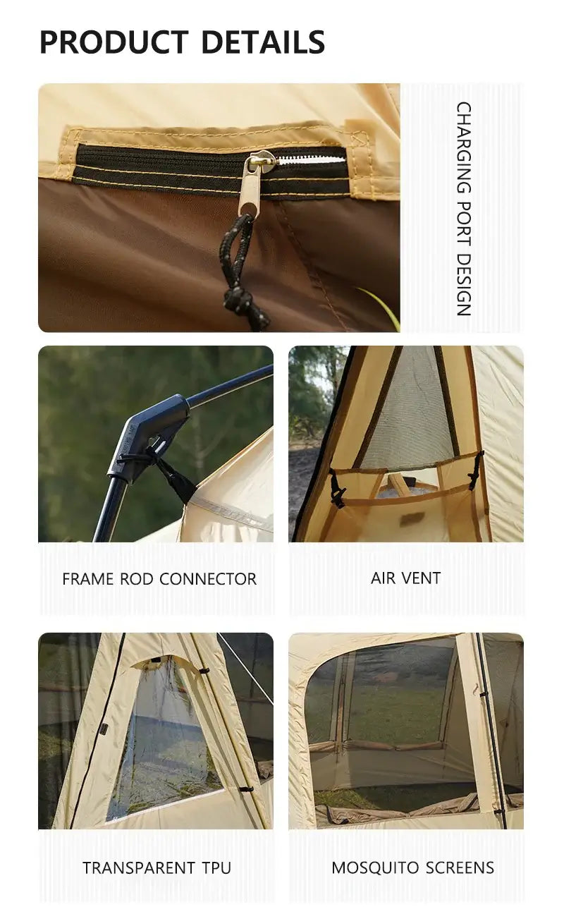 Product details of a camping tent showcasing charging port, frame rod connector, air vent, transparent TPU, and mosquito screens.