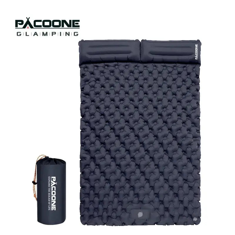 Outdoor camping double inflatable mattress in dark blue, featuring built-in pump and compact storage bag for travel.