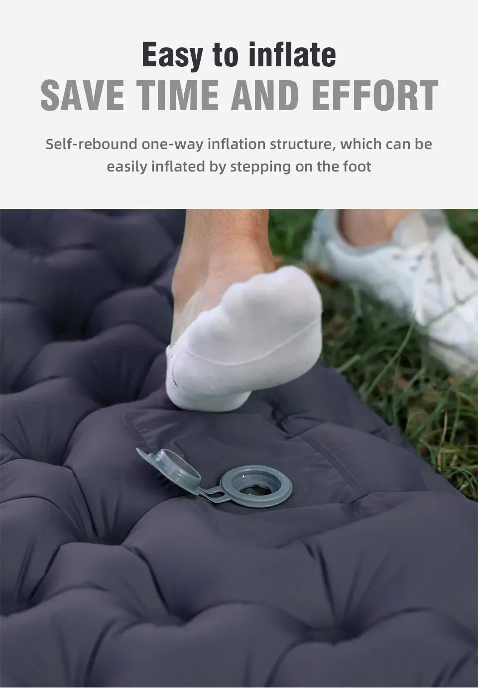 Easy inflating feature of outdoor camping mattress with foot pump, demonstrating efficient self-rebound structure for quick setup.