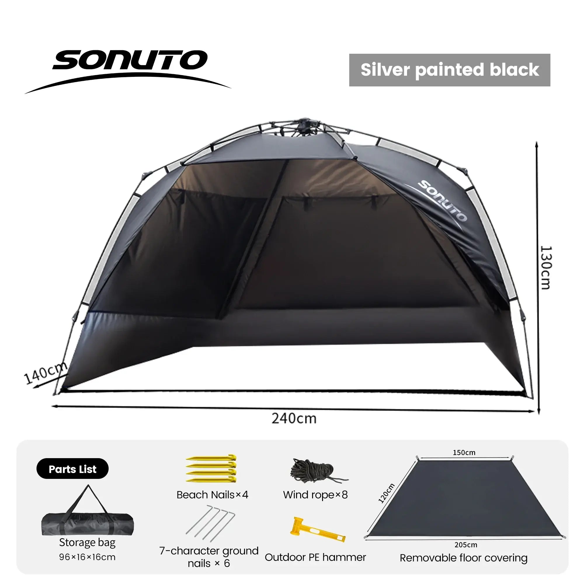 Sonuto outdoor camping tent in black, featuring quick setup, dimensions 240cm x 140cm x 130cm, perfect for shade and family travel.