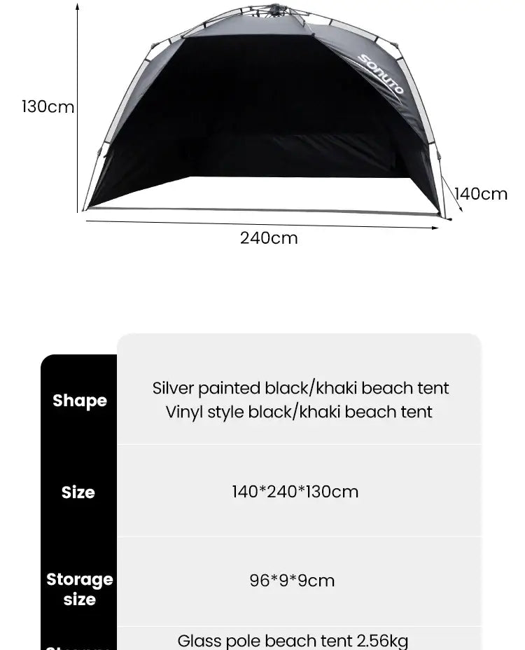 Black and khaki beach tent with dimensions 240cm x 140cm x 130cm for outdoor use and family picnics.