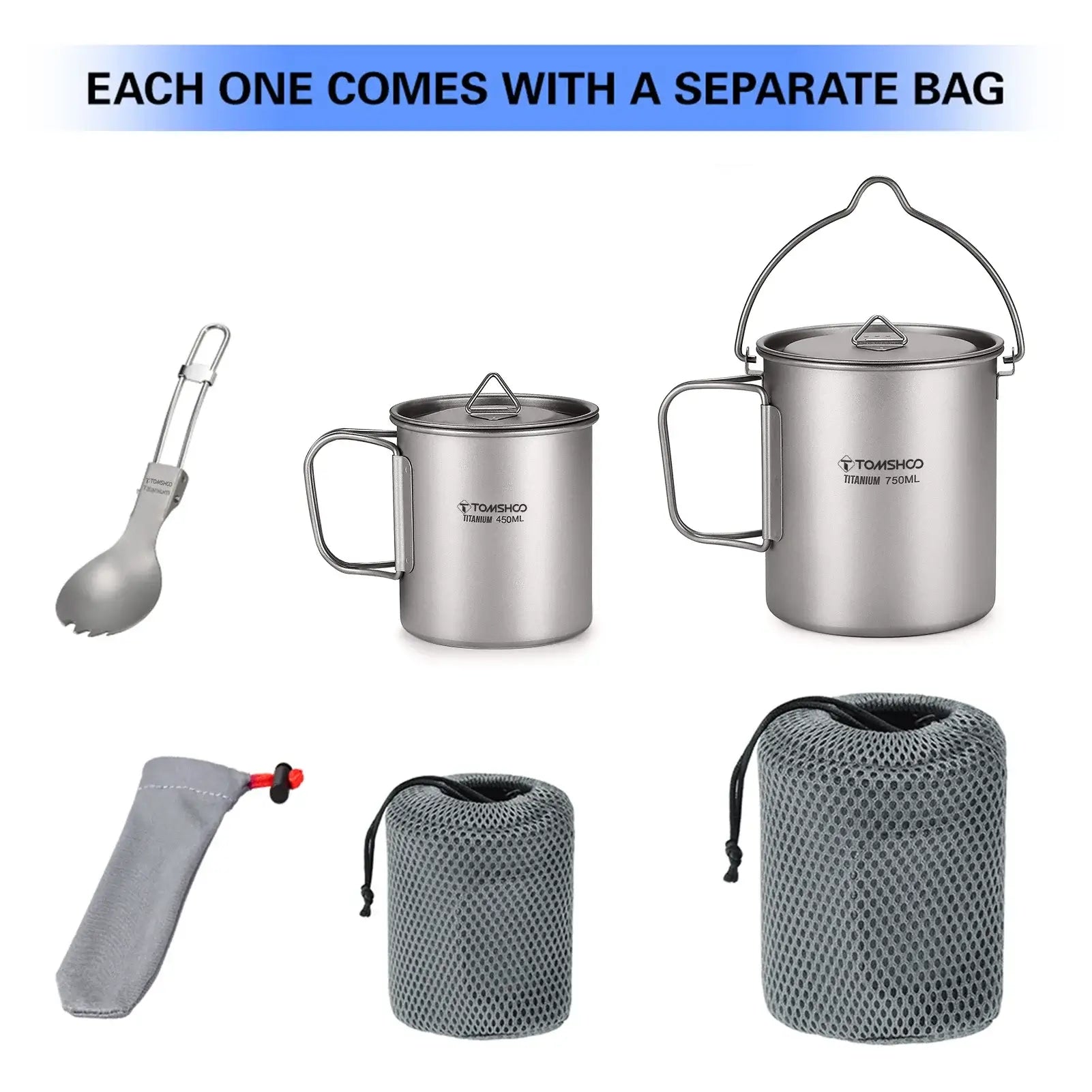 Tomshoo 3 PCS Titanium Cookware Set Ultralight 750ml Pot 450ml Water Cup Mug w Lid Folding Spork for Outdoor Camping Backpacking