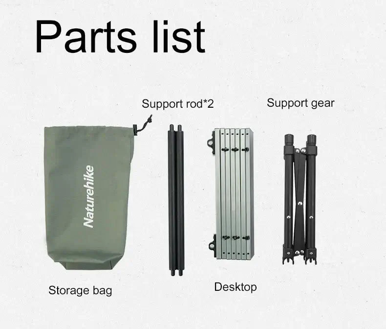 Parts list of Naturehike Aluminum Alloy Folding Table including storage bag, support rods, support gear, and desktop.