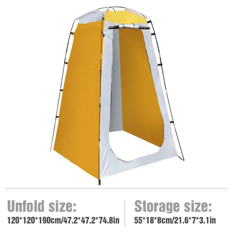 Portable outdoor privacy shower tent in yellow, dimensions 120x190 cm unfolded, compact storage size 55x18x8 cm.