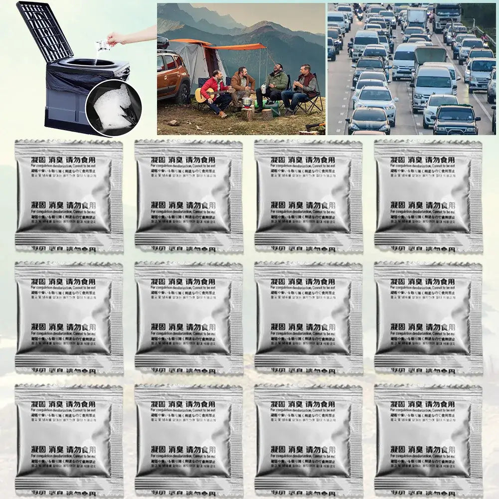 Eco-friendly poo powder packets for camping, emergency toilet use, and travel, with scenes of outdoor fun and traffic.