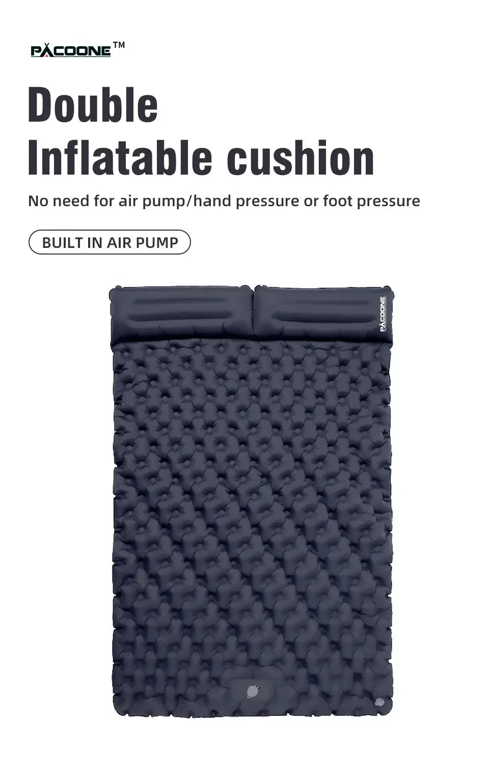 Double inflatable cushion with built-in air pump, designed for comfort during outdoor camping and travel.