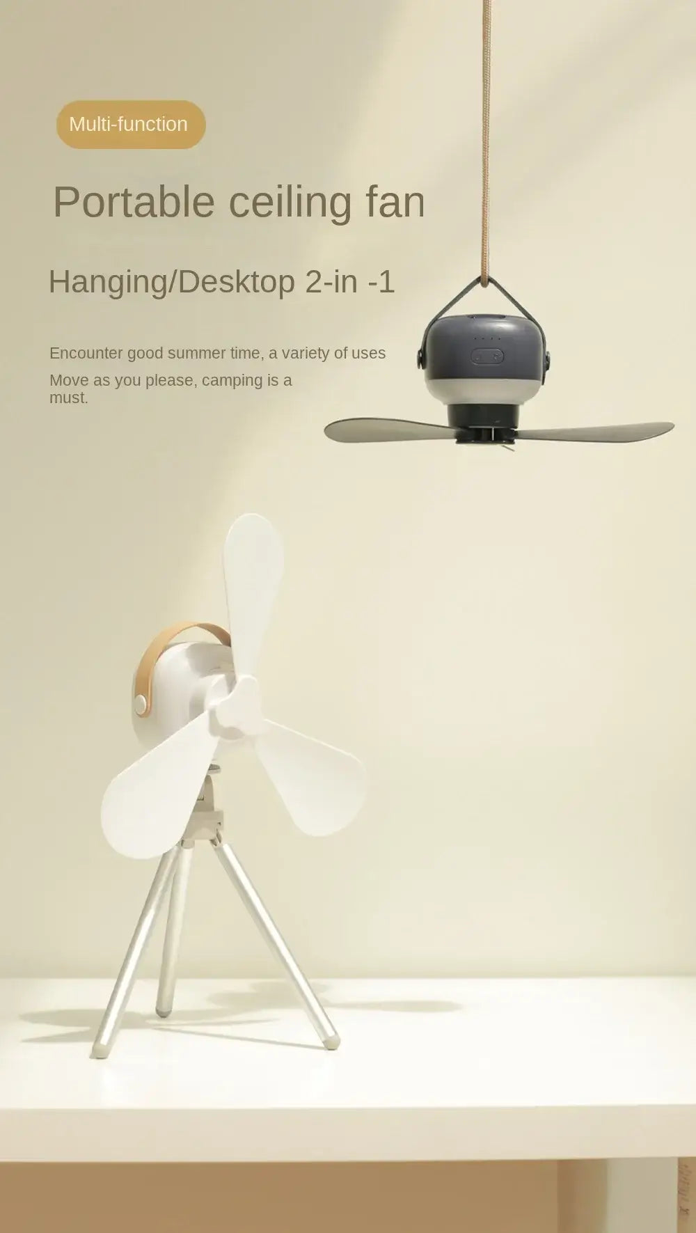 Portable wireless mini ceiling fan light USB fan with remote control, stand, night light, portable, home, outdoor, camping, tent