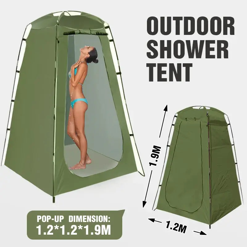 Portable outdoor shower tent with person inside, featuring pop-up design and dimensions 1.2x1.2x1.9m. Perfect for camping.