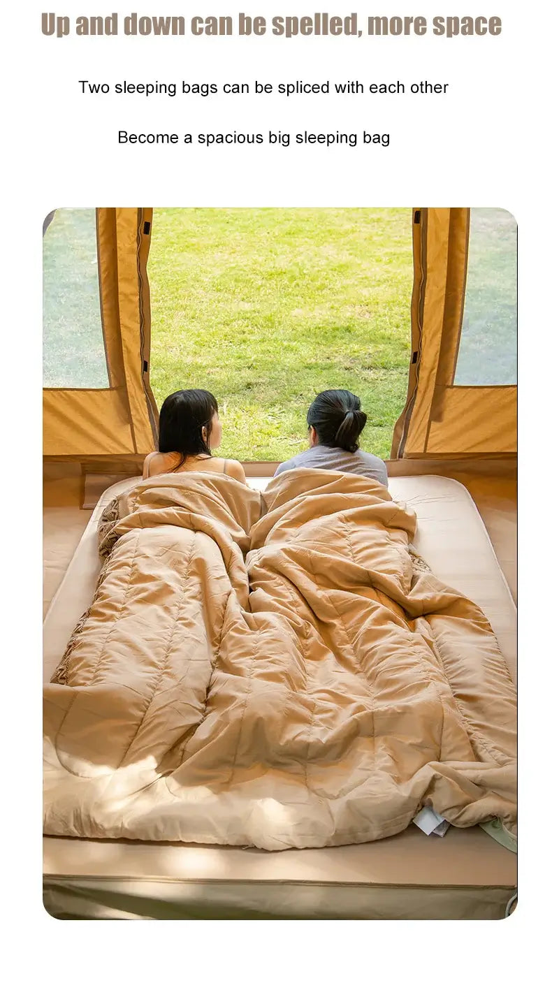 Two people using spliced Naturehike camping sleeping bags in a spacious tent, showcasing comfort and versatility for outdoor camping.