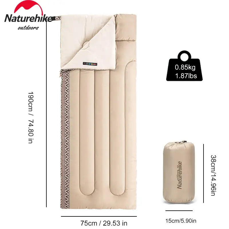 Naturehike ultralight cotton sleeping bag, dimensions: 190x75 cm, weight 0.85 kg, ideal for spring, summer, and fall camping.