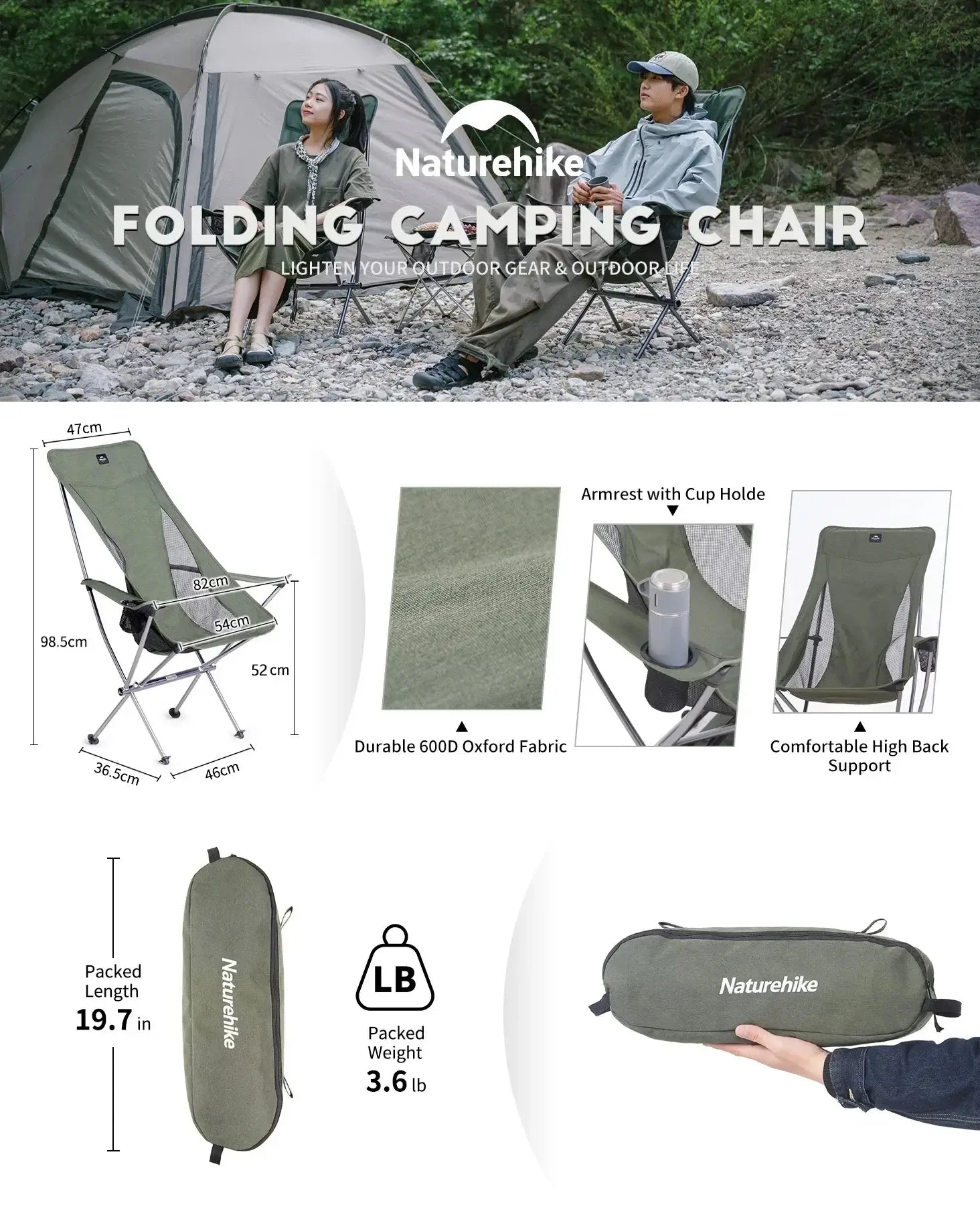 Naturehike YL06 Plus Camping Folding Chairs Ultralight Portable High Back Armchair Relax Chair Outdoor Hiking Aluminum Chair