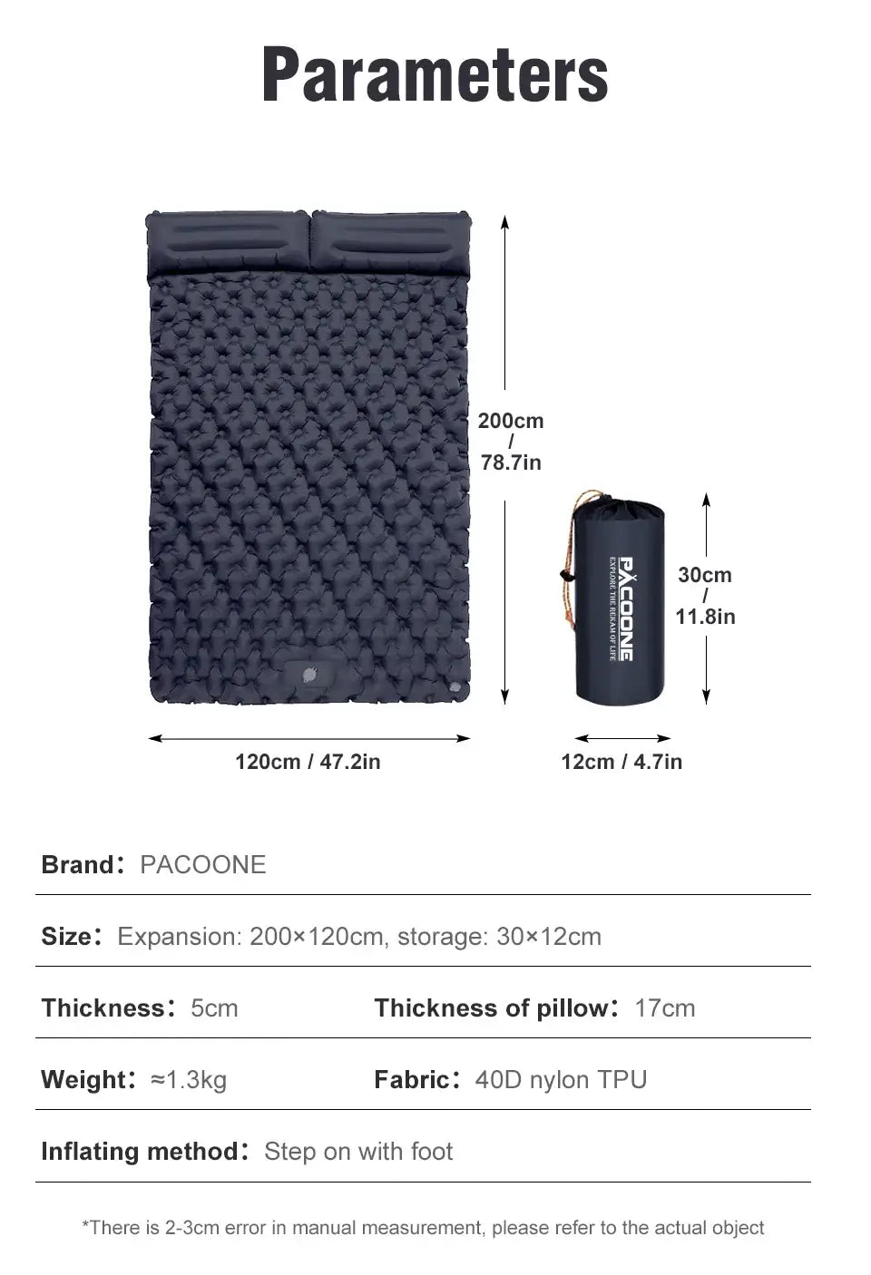 Parameters and specifications of the PACOONE outdoor camping double inflatable mattress with built-in pump, size, weight, and fabric details.