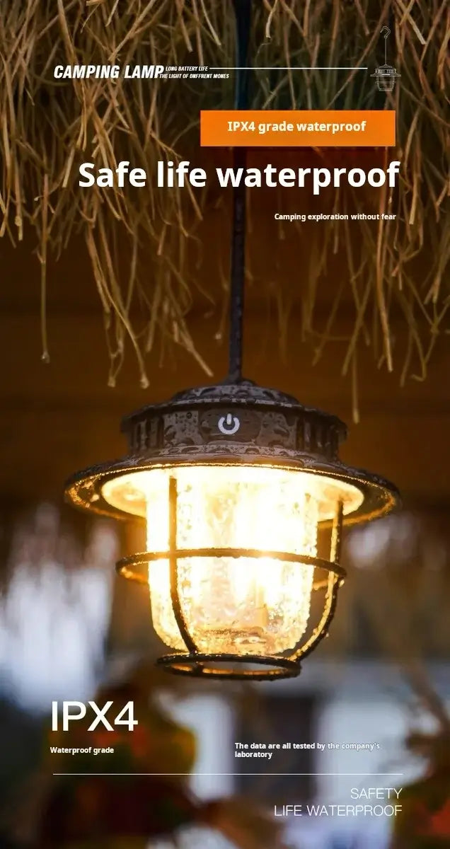 LED Camping Lamp Retro Hanging Lamp Portable Stepless Dimming Camping Light Waterproof Rechargeable Outdoor Light Lantern