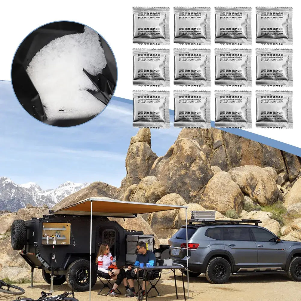 Camping scene with portable toilet, featuring eco-friendly gelling powder packets and users enjoying outdoors.